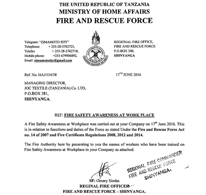 坦桑園區舉行消防培訓演練